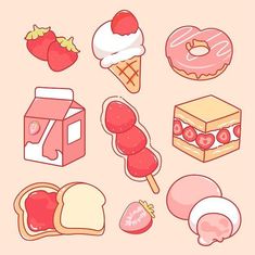 different types of food are shown on a pink background, including donuts, ice cream, and strawberry shortcakes