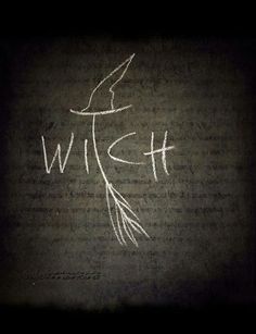 the word witch written in white chalk on a piece of paper with a bird flying over it