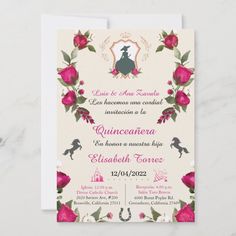 an elegant wedding card with roses on the front and bottom, featuring a silhouette of a woman