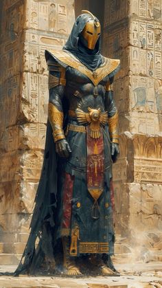 a man in armor standing next to an egyptian temple