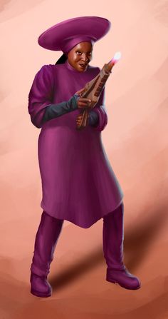 a painting of a person in purple holding a book and wearing a hat with one hand