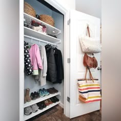 a closet with shoes, bags and handbags hanging on the door handles to keep things organized