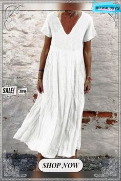 Women's Plus Size A-line Dress Midi Dress - Short Sleeves Summer V Neck Casual White Black Yellow Orange Green White Dresses Linen Solid Shift Dress For The Beach, Beach Shift Dress, Non-stretch White A-line Maxi Dress, Plain Spring Vacation Dresses, Spring Solid Color A-line V-neck Dress, Casual White Short Sleeve V-neck Dress, Plain Dresses For Vacation In Spring, Casual A-line V-neck Dress, White A-line V-neck Dress For Spring