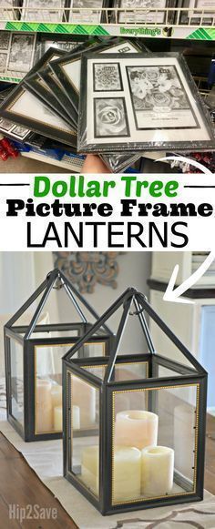 the dollar tree picture frame lantern is made from glass and has four candles inside it