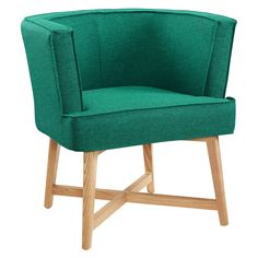 a green chair with wooden legs on a white background