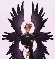 a woman with black wings standing in front of a purple background and an angel above her head