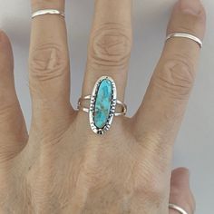 Sterling Silver Long Oval Genuine Turquoise Ring, Silver Ring, Statement Ring, Boho Ring Summer Rings, Southwest Jewelry