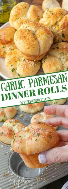 garlic parmesan dinner rolls on a baking sheet and in a pan with the title