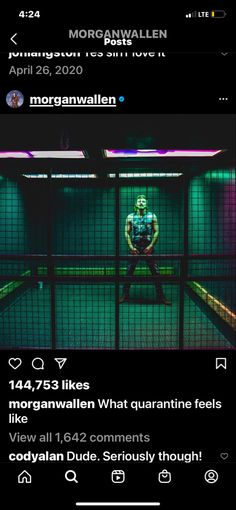 the instagram page for morgan wallen shows an image of a man standing in a jail cell