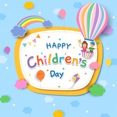 happy children's day card with balloon and clouds