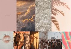 a collage of photos with clouds and palm trees in the middle one has a pink background