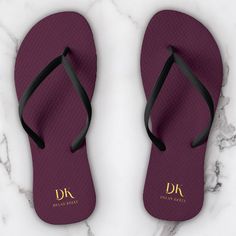 Minimalist Elegant Monogram Dark Red Gold Stylish Flip Flops Beach Apparel, Stylish Flip Flops, Womens Red Shoes, Elegant Monogram, Dark Maroon, Glam Chic, Chic Sandals, Maroon Red, Hair Accessories Jewelry