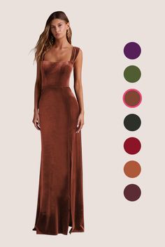 a woman in a long brown dress standing next to different color swatches and colors