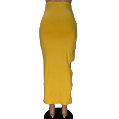 Yellow Solid Side Holes Bodycon Maxi Skirt Trendy Stretch Maxi Pencil Skirt, Fitted Solid Color Pencil Maxi Skirt, Fitted Pencil Maxi Skirt In Solid Color, Fitted Solid Color Pencil Skirt For Summer, Fitted Pencil Maxi Skirt, Stretch Midi Pencil Skirt For Summer, Summer Stretch Long Pencil Skirt, Summer Long Stretch Pencil Skirt, Long Pencil Skirt For Summer Night Out