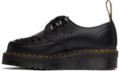 Buffed leather derbys in black. Interwoven detailing at round toe. Two-eye lace-up closure. Signature yellow stitching at welt. Signature Air Cushion rubber sole in tan. Silver-tone hardware. Approx. 2 platform.Supplier color: Black Leather Platform Oxfords For Streetwear, Dr Martens Black, Creepers, Dr. Martens Boots, Dr. Martens, Derby, Combat Boots, Rubber Sole, Silver Tone