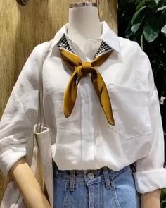 a424ed4bd3a7d6aea720b86d4a360f75desc36334157ri Outfit For White Shirt, Scarf With Shirt Women, White Shirt Scarf Outfit, Scarf And White Shirt Outfit, Polo Shirt With Scarf Outfit, Linnen Shirts Outfit Women, Silk Scarf And Shirt, White Shirt And Silk Scarf Outfit, Button Up With Scarf