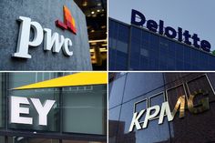 four different logos are shown on the side of a building in three pictures, one is for pnc and the other is kpm