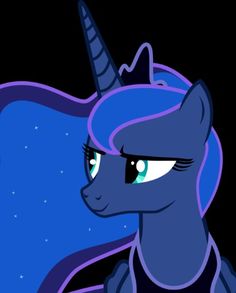 a blue and black pony with green eyes looking to the side in front of a dark background