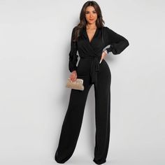 Long Sleeve V-Neck Tie Waist Solid Color Casual Jumpsuit Black Jumpsuit Outfit Wedding, Jumpsuit Outfit Wedding, Black Jumpsuit Outfit, Wedding Classy, Stylish Jumpsuit, Outfit Wedding, Jumpsuit Outfit, Long Jumpsuits, Casual Jumpsuit