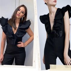 Zara Black Jumpsuit With A V-Neckline And Short Ruffled Sleeves. New With Tags Size M Long Black Jumpsuit, Oversized Jumpsuit, Embroidered Jumpsuit, Style Jumpsuit, Zara Jumpsuit, Tuxedo Style, Cropped Jumpsuit, Strapless Jumpsuit, Playsuit Romper