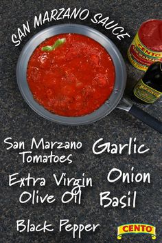 a bowl of tomato sauce next to some condiments on a counter top with the words san maraano sauce above it