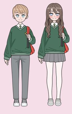 two people wearing green sweaters and grey pants, one is holding a red backpack