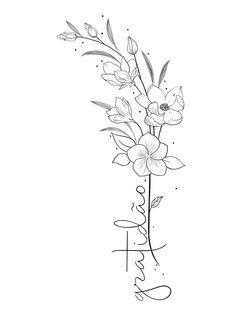 a black and white drawing of flowers in a vase with the word love on it