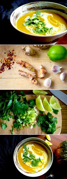 three different shots of soup with limes, onions and cilantro on the side