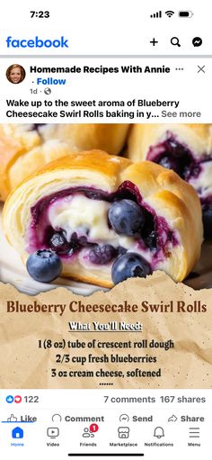 the facebook page for blueberry cheesecake swirl rolls