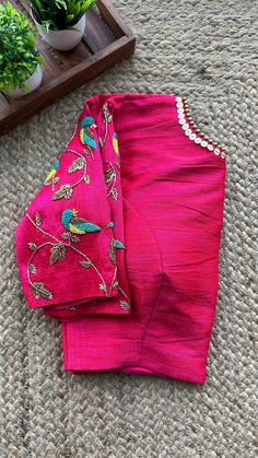 Hand embroidered ready made saree blouse / crop top/stitched saree blouse usa / saree blouse/modern blouse/zardosi blouse/black saree blouse/ pure silk blouse/ maggam work blouse / pink blue  saree blouse / modern pink bird embroidery elbow sleeve blouse       It is very true that a perfect blouse is the one which makes your saree look stand out !! If you find one of such a style that you have been wanting to have then dont let it go !! we carry such unique trending blouses that instantly add a stylish look to any saree !!     Well..!! we understand that you may not get in your desired size/pattern, here you go with customization according to your size/pattern which we can deliver in 1-2 weeks of time period !!      Here is a beautiful Hand embroidered zardosi work saree blouse/ crop top i Zardosi Blouse, Hand Worked Blouse, Hand Embroidery Blouse, Worked Blouse, Ready Made Blouse, Maggam Blouse, Hand Embroidered Blouse, Sari Design, Traditional Blouse Designs