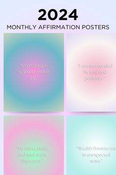 four different colored posters with the words, month affirmation posters and numbers on them