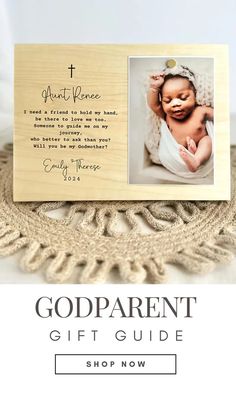 a wooden frame with the words godparent on it and an image of a baby