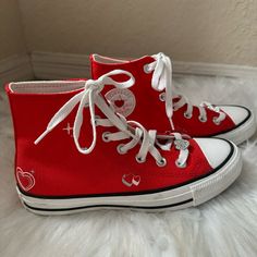 Size 5.5 Red Converse With Heart Details. True To Size Brand New Never Worn. Comes Without Original Box. All Star Sneakers, Red Valentine, Converse Red, Red Converse, Converse With Heart, Star Sneakers, Womens Converse, Converse All Star, Converse Shoes