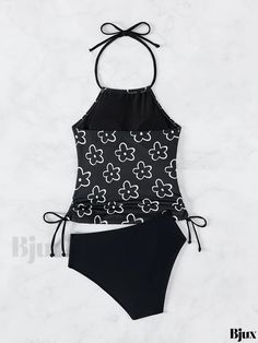 Bjux - Womens Printed Halter Drawstring Two-Piece Tankini: Tie Neck, Stretchy Backless and Stylish Swimwear Set Black Printed Tankini, Black Printed Halter Neck Swimwear, Black Halter Neck Swimwear With Floral Print, Black Drawstring Tankini For Summer, Swimwear Sets, Cropped Cami, Cami Crop Top, Butterfly Pattern, Tie Neck