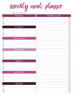 a printable weekly meal planner with pink and purple stripes on the side, in front of a white background