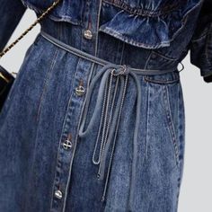 Welcome this season with a blast of nostalgia ââ‚?introducing our Ruffles Chest Lengthy Denim Dress. 20th-century Vibe from 2023 Spring-Summer Collection!Why You Need ItThis denim dress is inspired by the iconic '90s gritty movement. featuring a medium wash with a fashionable distressed pattern that adds an street touch to your look. Complete with a zipper and button closure. it fits snugly to flatter your fit and ensures comfort throughout the day.Made with premium quality denim. this dress pro Belted Denim Blue Dress, Spring Belted Denim Blue Denim Dress, Denim Blue Belted Denim Dress, Spring Vintage Denim Dress, 90s Denim Dress, Dress 90s Style, Proper Clothing, Dress Pro, Long Shift Dress