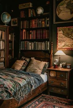 a bedroom with bookshelves and a bed in it