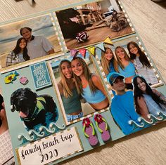 a scrapbook with pictures of people and their pets on it, including a dog