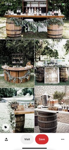 an outdoor bar made out of wine barrels