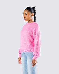 Name something better than a pink sweater top… 💕 Constructed from fully fashioned knit with a chunky knit stitch, and complete with a rib collar, sleeve cuffs, hem band, and a crew neck fit - this top is making “sweater weather” 10x cuter 😚 Pink Ribbed Collar Winter Sweater, Pink Chunky Knit Cropped Sweater For Fall, Trendy Pink Cropped Sweater With Ribbed Cuffs, Casual Pink Sweater With Ribbed Cuffs, Pink Chunky Knit Top For Spring, Pink Fall Sweater With Ribbed Cuffs, Fall Pink Sweater With Ribbed Cuffs, Pink Chunky Knit Top For Fall, Trendy Chunky Knit Pink Top