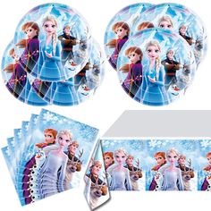 frozen princess party supplies including plates, napkins and placemats with images of the characters