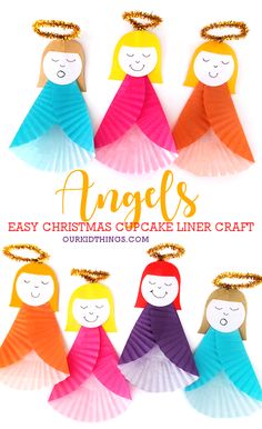 paper angel craft with the words angels easy christmas cupcake liner craft on top and below