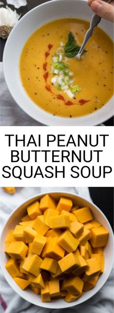 thai peanut butternut squash soup in a white bowl