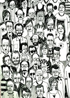 a black and white drawing of many people