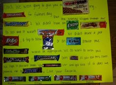 a bulletin board with candy bars written on it