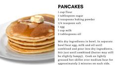 pancakes on a plate with butter and syrup for toppings, labeled in text below