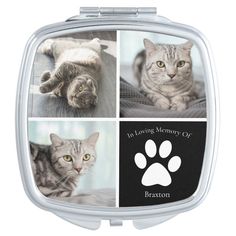 a compact mirror with four pictures of cats and paw prints on the front, in loving memory of branon