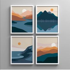 four paintings on the wall with mountains and water in different colors, each one has a sunset