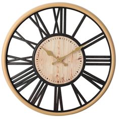 a wooden clock with roman numerals is shown on a white background and has gold hands