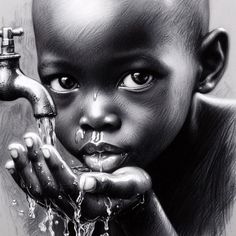 a drawing of a child drinking from a faucet with water coming out of it